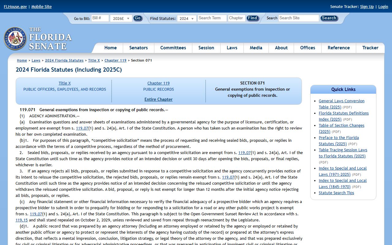 Lake County public records general exemptions statute 119.071
