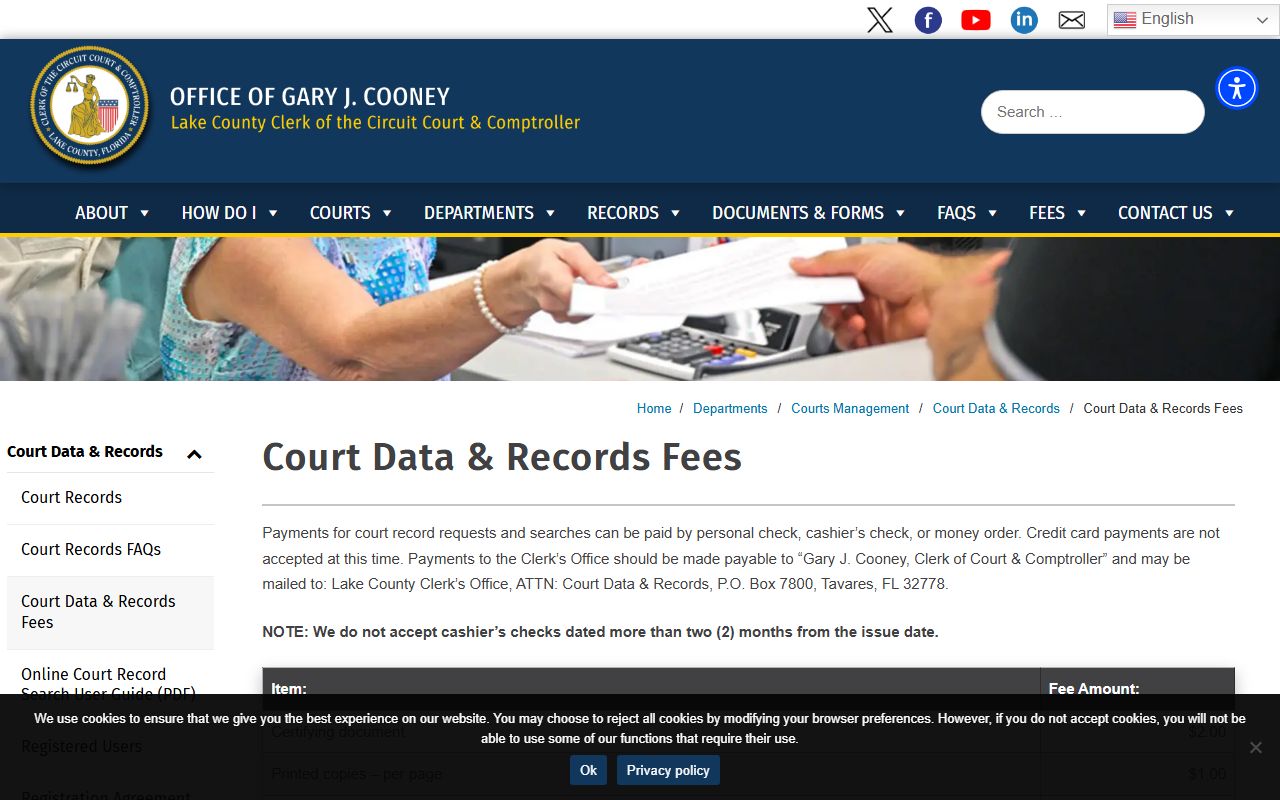 Lake County court records fee page from the Clerk Court Data and Records Division