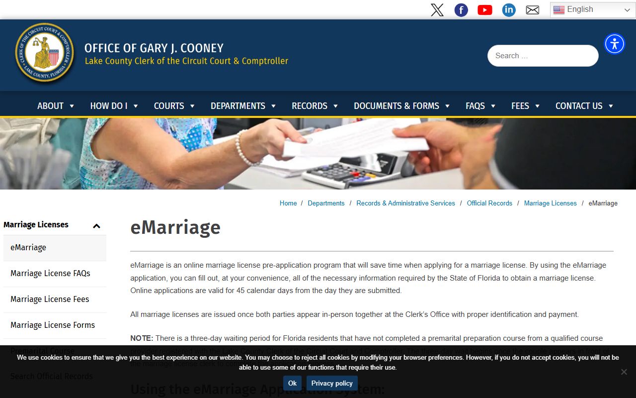 Lake County marriage records eMarriage online application page
