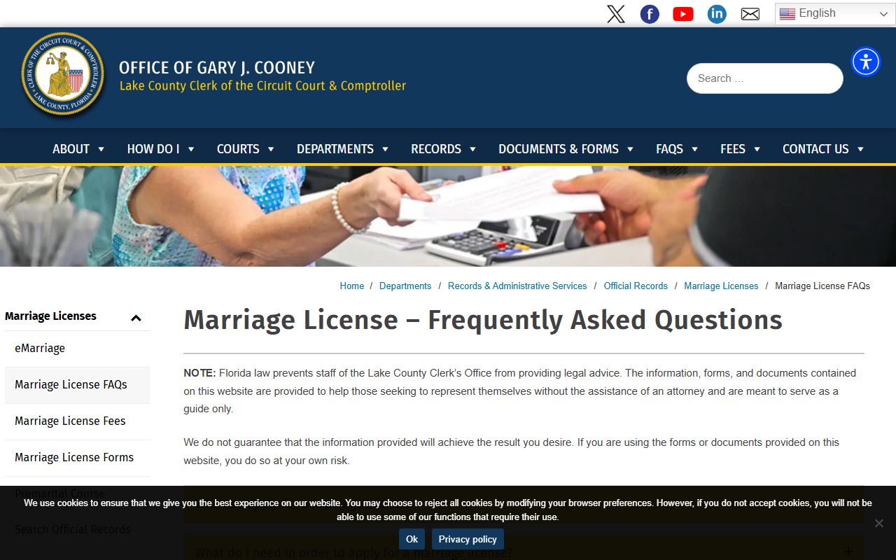Lake County marriage license FAQs page from the Clerk