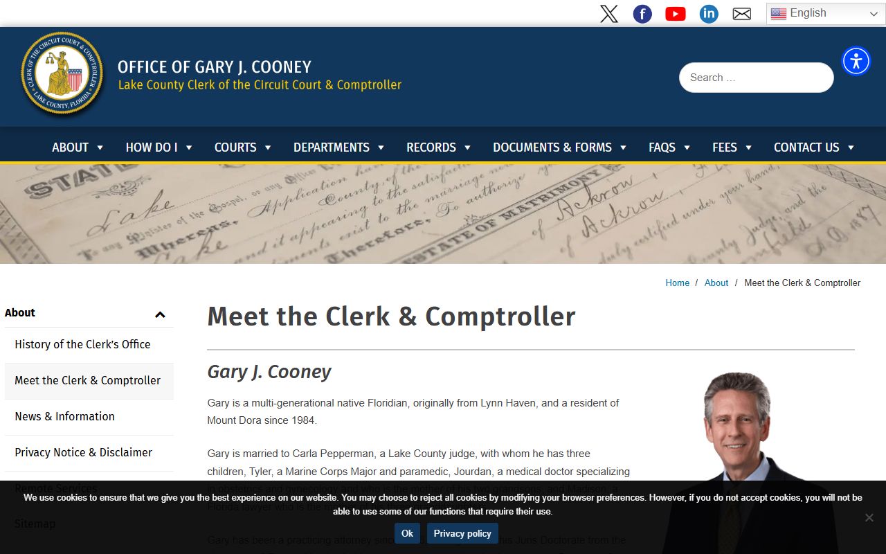 Lake County clerk of court bio page for Gary J. Cooney
