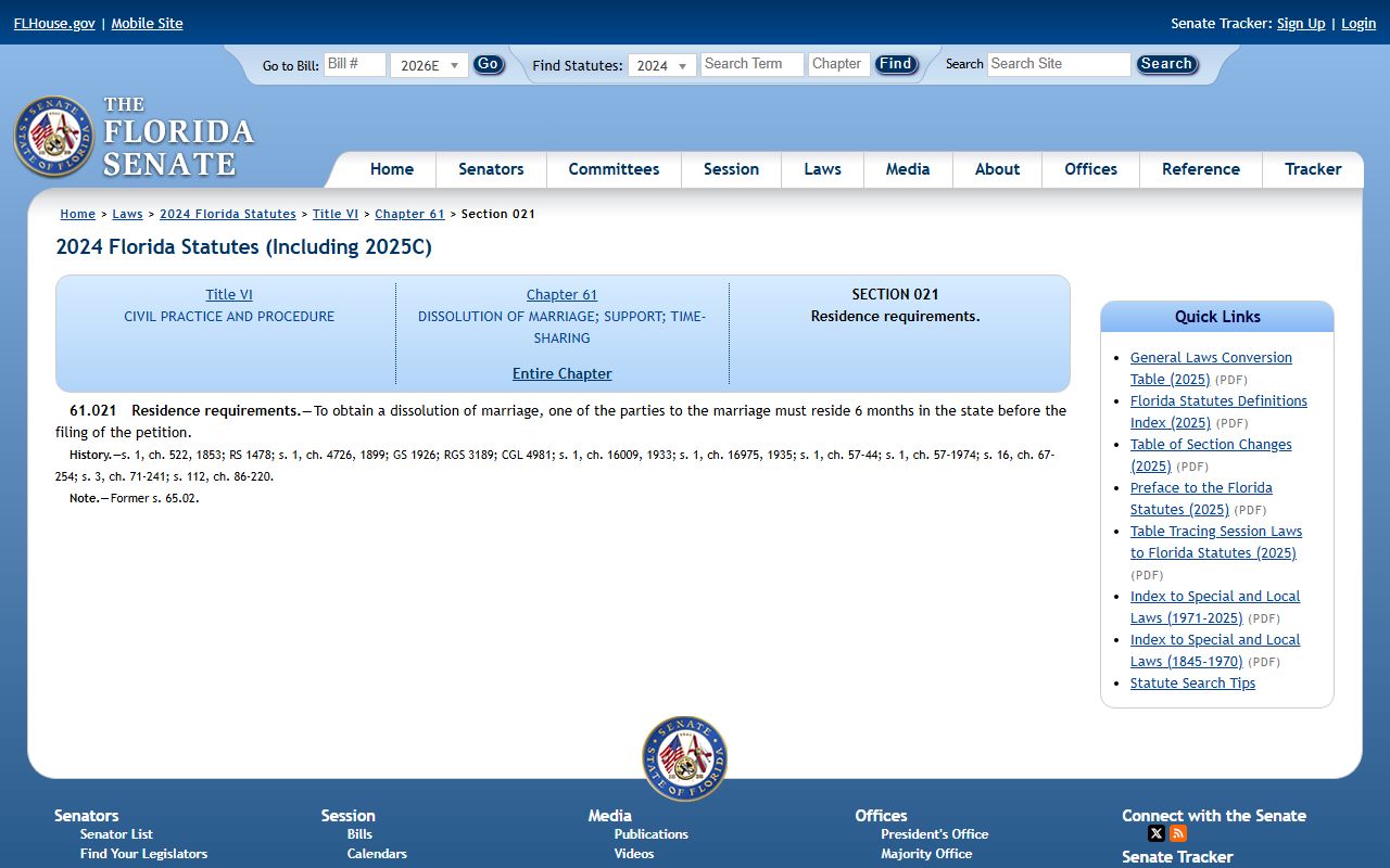 Lake County divorce records residency statute Florida 61.021