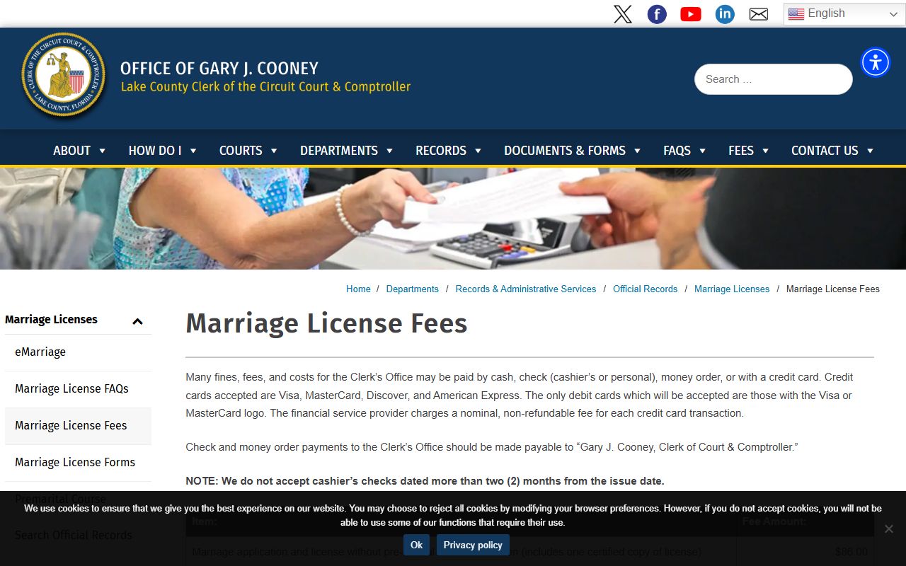 Lake County marriage records license fees page from the Clerk