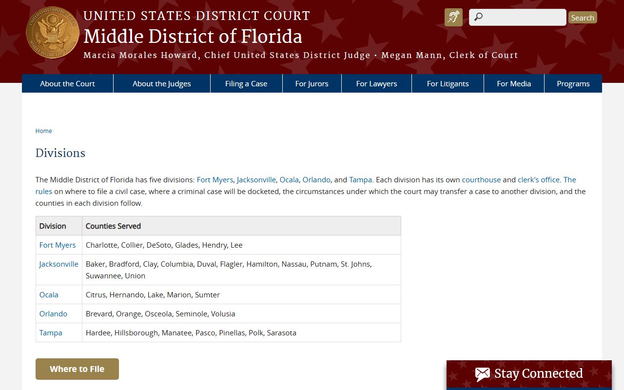 Lake County circuit court federal division map for the Middle District of Florida showing Ocala Division