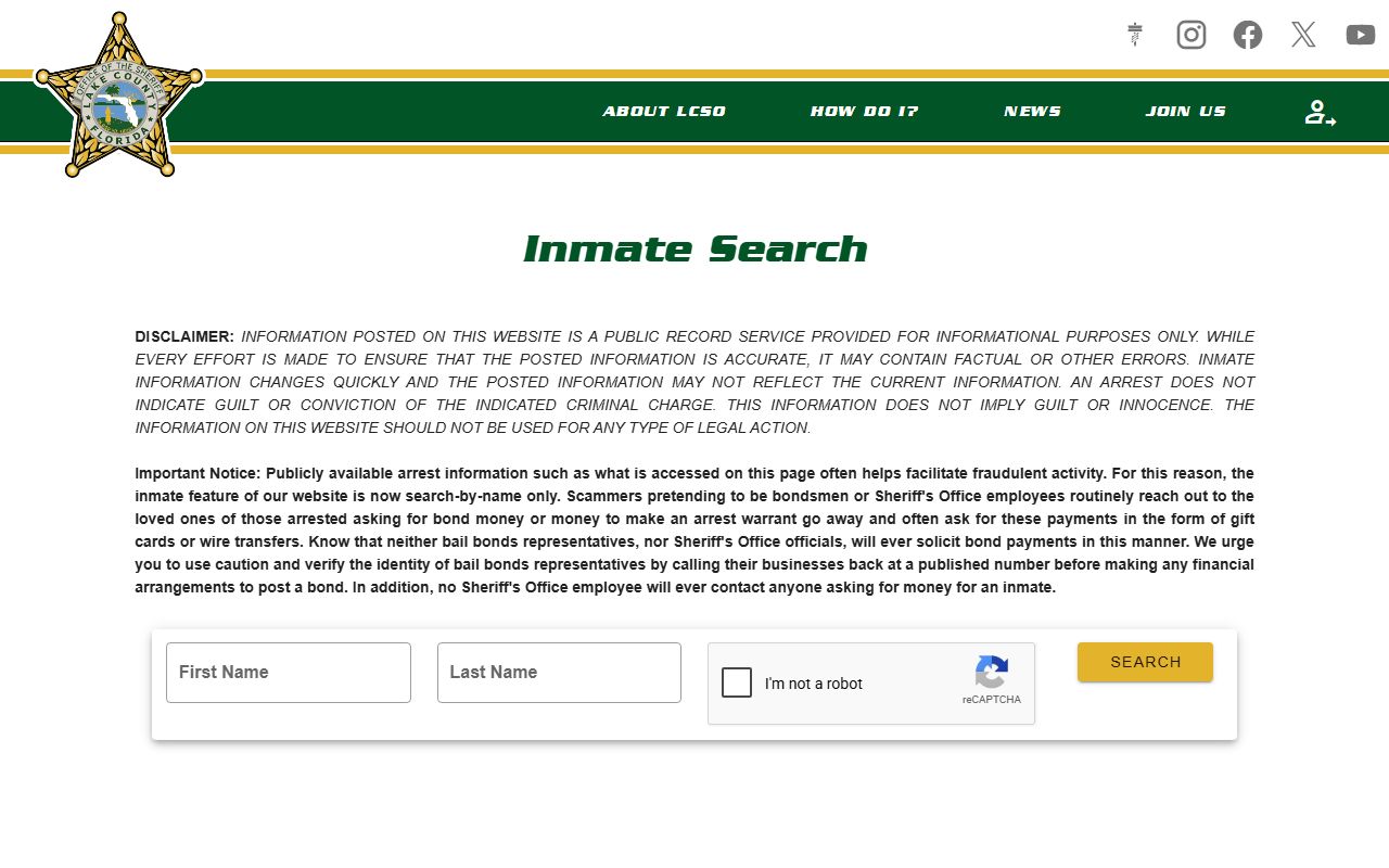 Lake County warrant search LCSO inmate search page with fraud warning and jail contact block