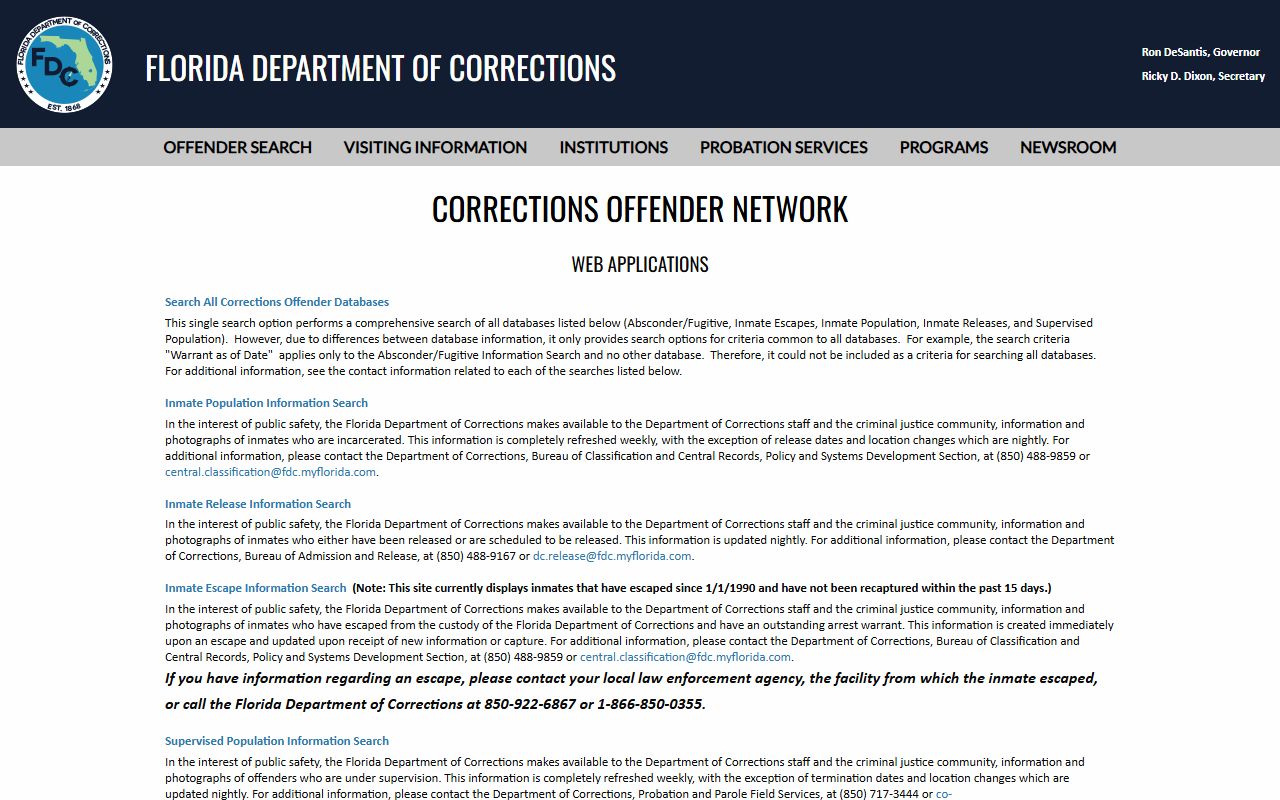 Lake County inmate population FDC offender search menu with links to inmate population release supervised offender and absconder searches