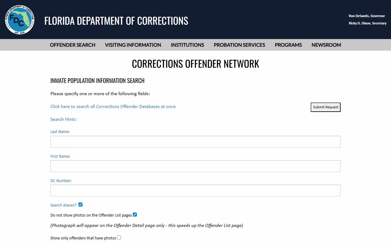 Lake County inmate population FDC state inmate population search form with name and DC number fields