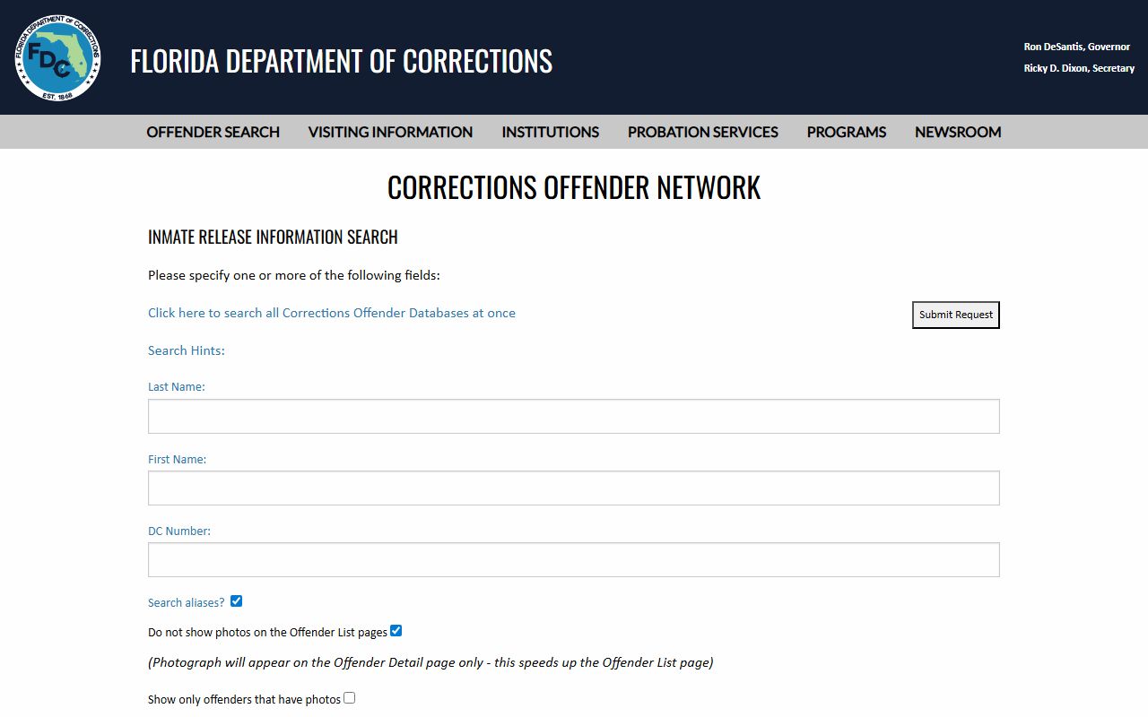 Lake County released inmates FDC inmate release search page with name and DC number fields