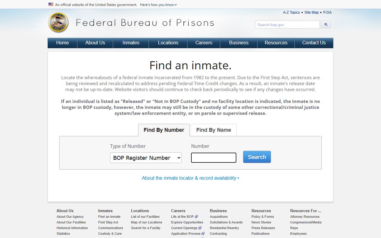 Lake County released inmates BOP inmate locator with Find By Number and Find By Name tabs